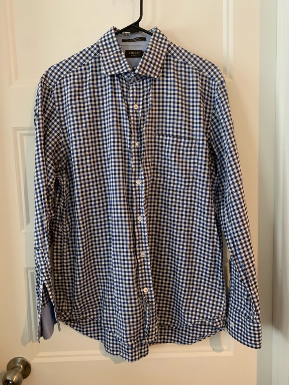 LINCS DC&Co, men's  Blue & White Gingham Button-Up Shirt 100 % cotton